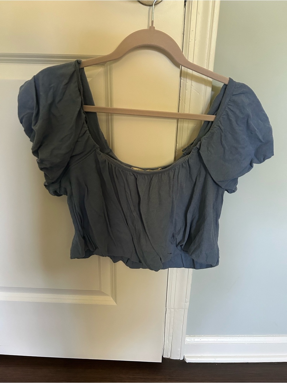 Free People Dusty Blue Puff Sleeve Cropped Top